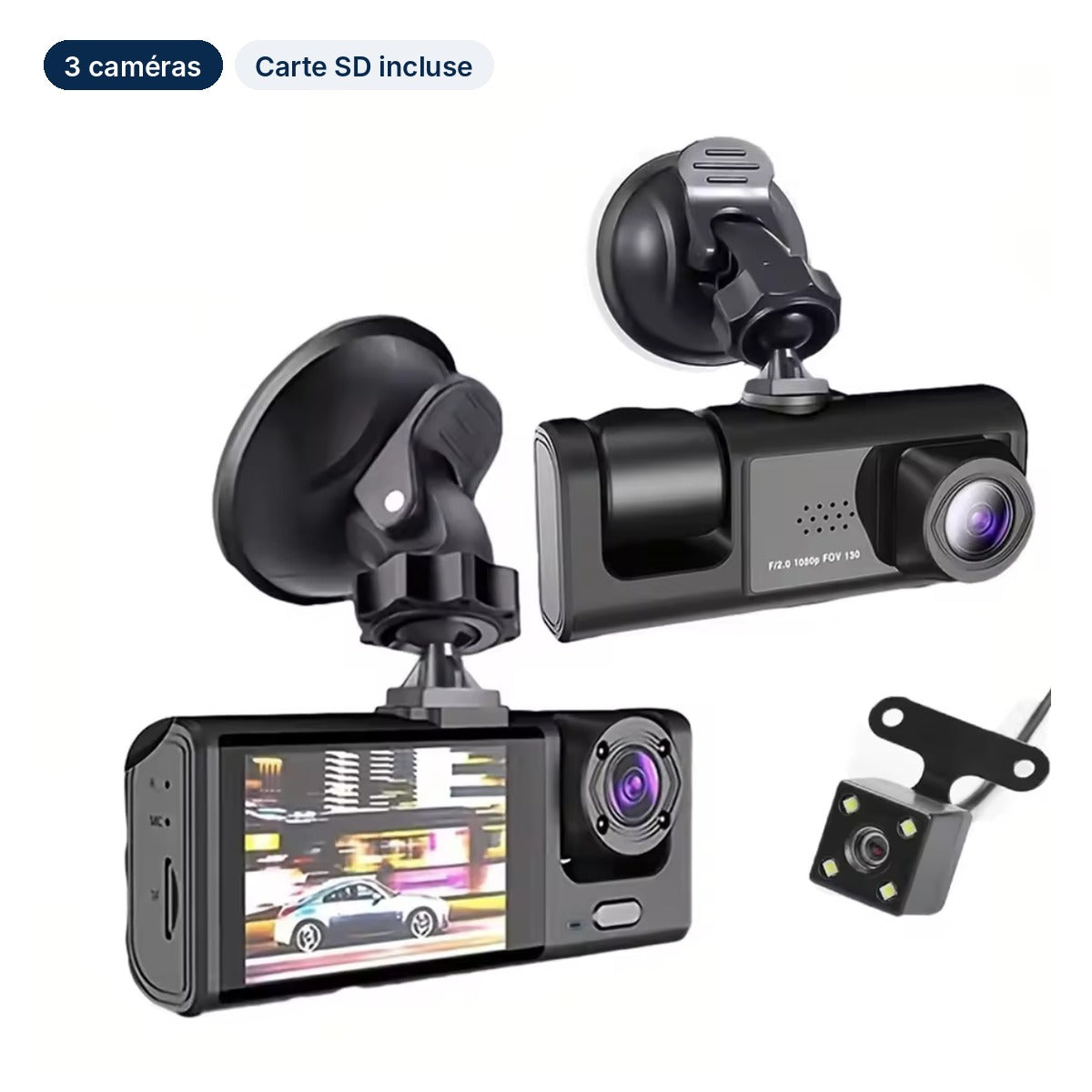 Dashcam VisionRoute 3 caméras : avant, intérieure et arrière, carte SD incluse