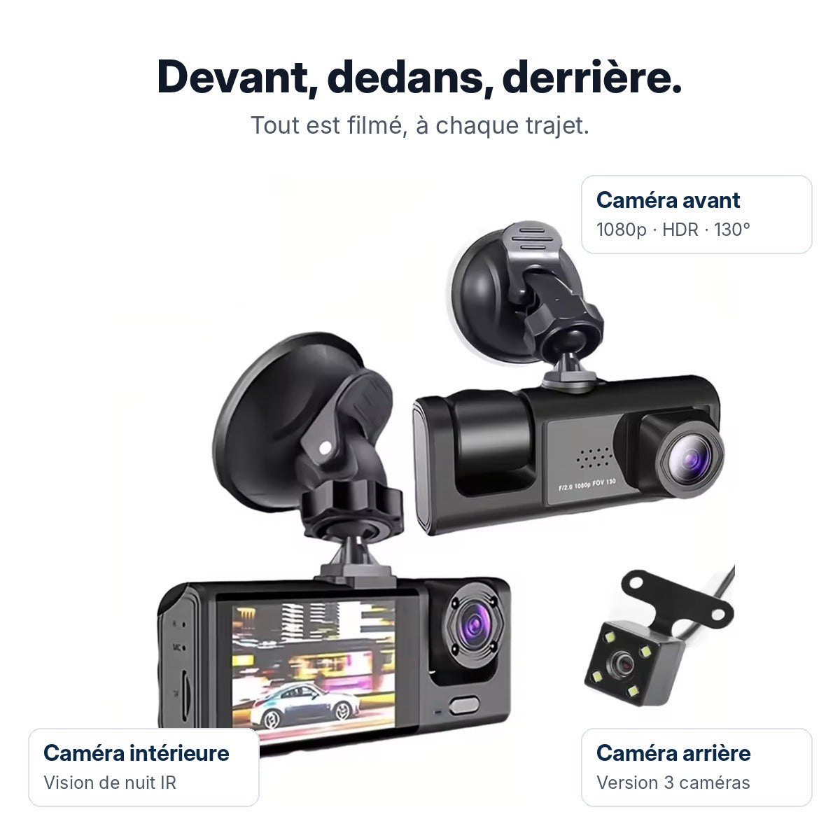 Les 3 caméras de la dashcam VisionRoute : avant 1080p HDR 130°, intérieure infrarouge, arrière