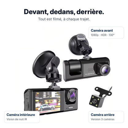 Les 3 caméras de la dashcam VisionRoute : avant 1080p HDR 130°, intérieure infrarouge, arrière
