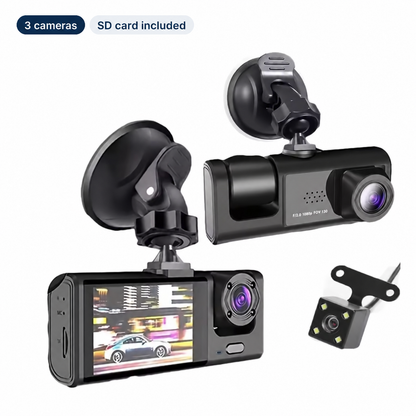 VisionRoute 3-camera dash cam: front, interior and rear, SD card included