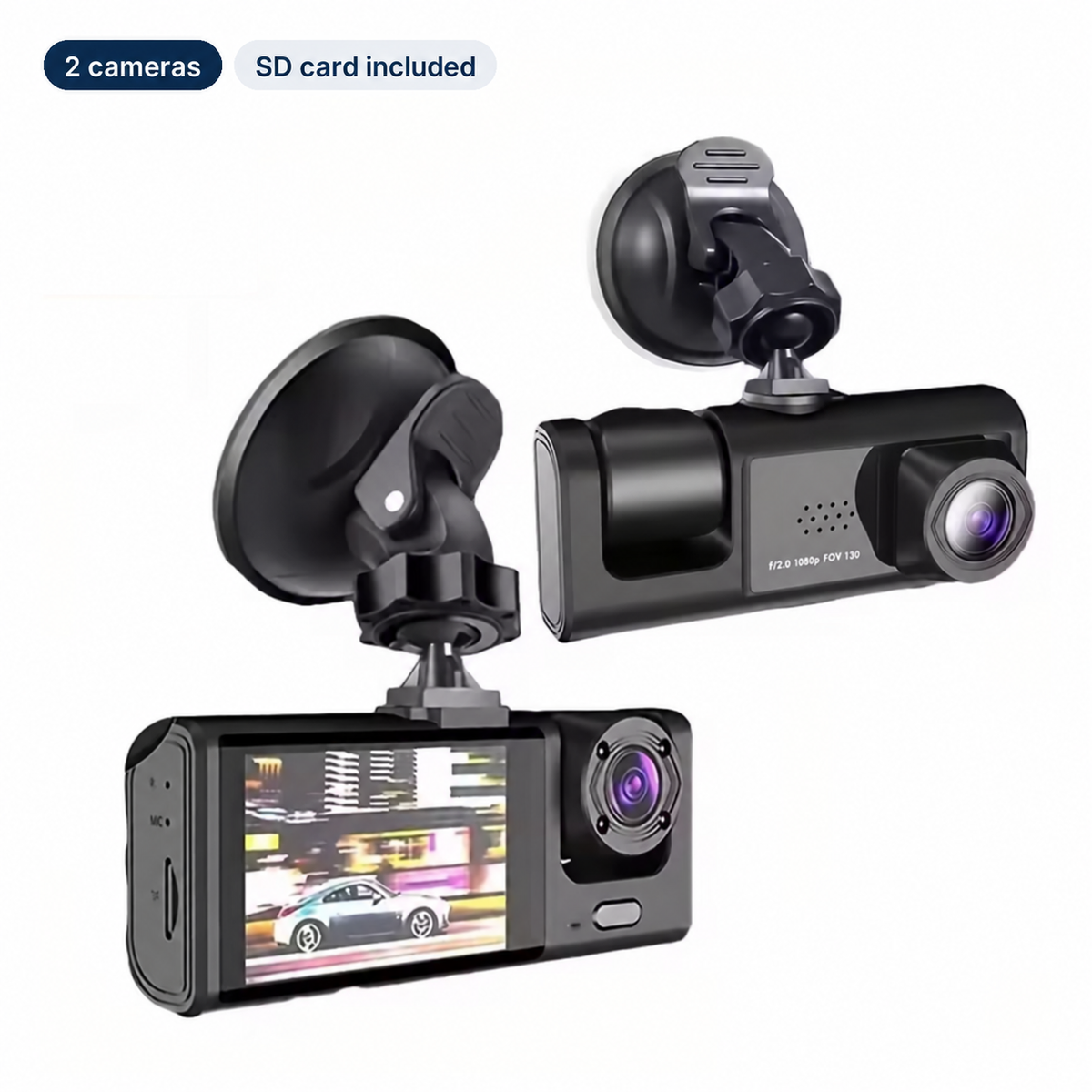 VisionRoute 2-camera dash cam: front and interior, SD card included