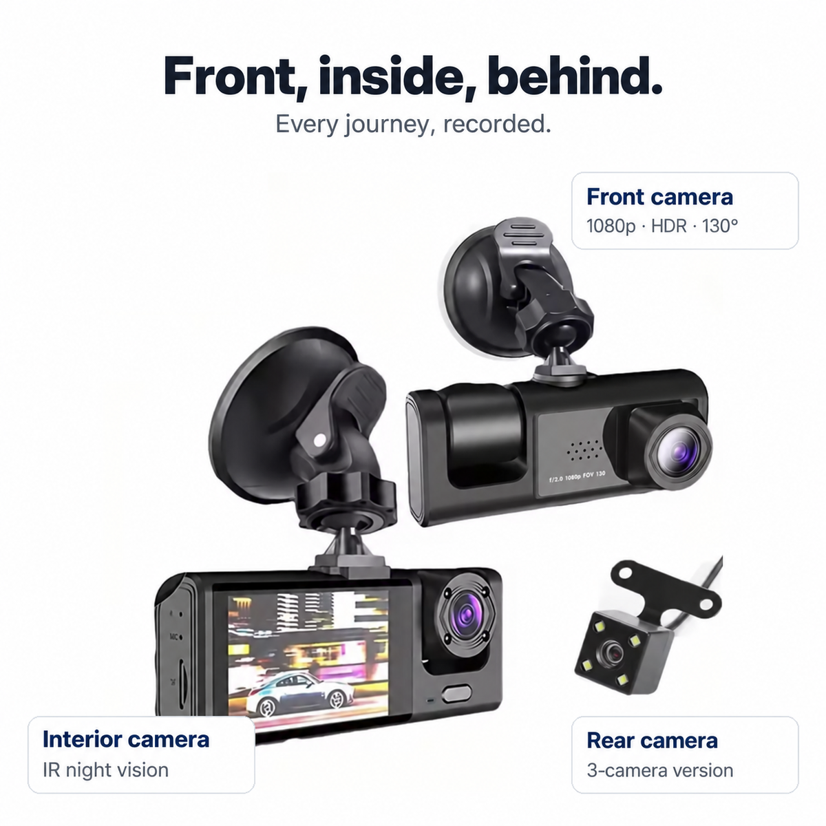 VisionRoute cameras: 1080p HDR 130° front camera, infrared interior camera and rear camera